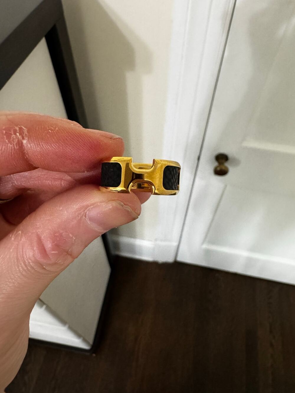 Gold & Black Leather H Logo Ring size 7